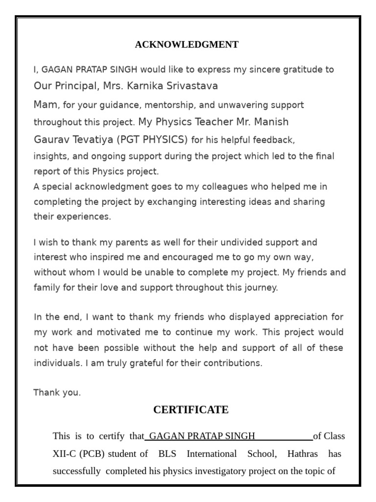 Acknowledgment for Physics Project Report | PDF