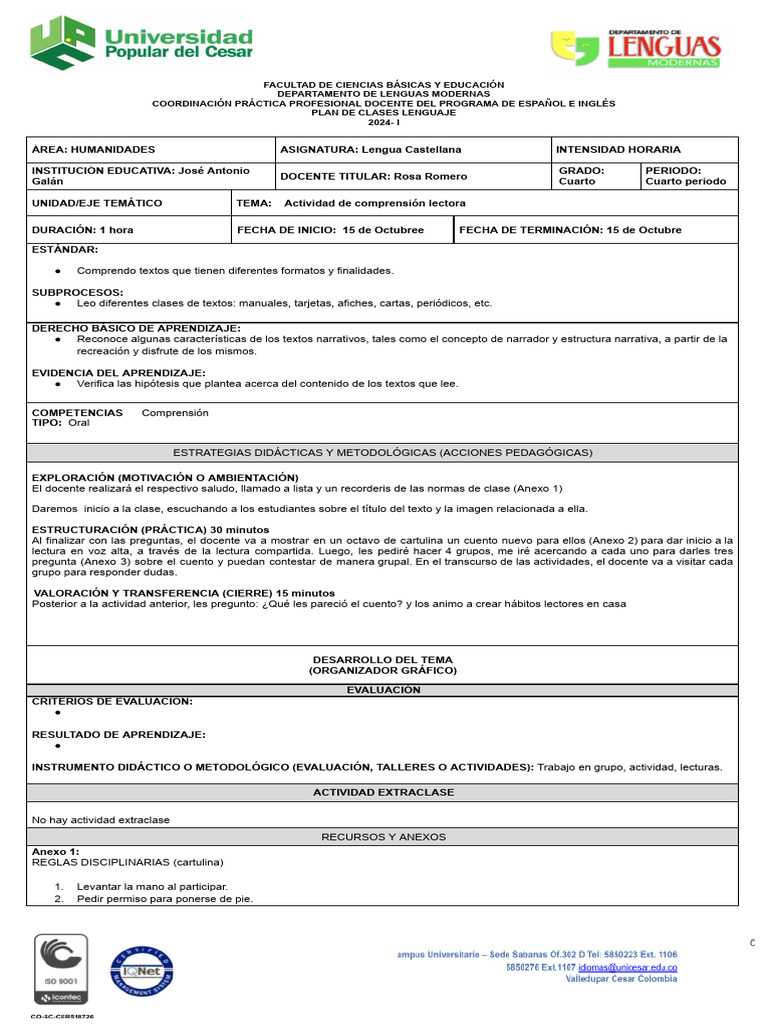 Plan de Clase: Comprensión Lectora 4° grado | PDF | Maestros ...