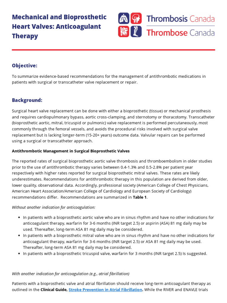 Mechanical and Bioprosthetic Heart Valves: Anticoagulant Therapy | PDF ...
