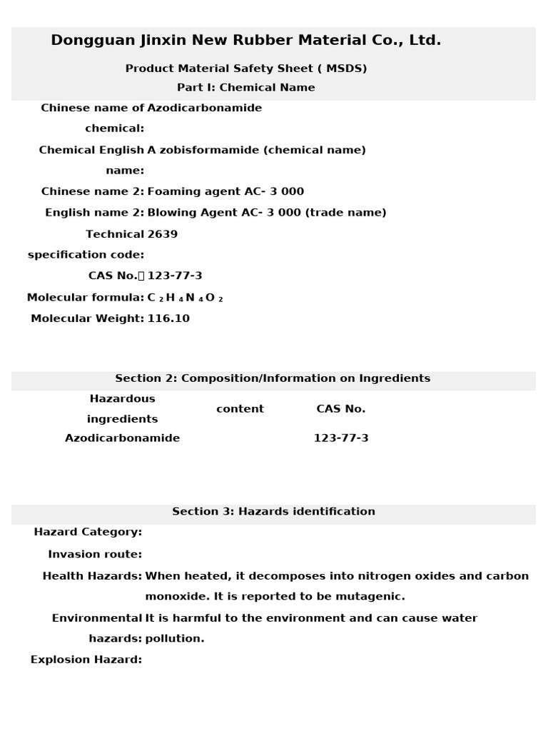 Azodicarbonamide MSDS Overview | PDF | Dangerous Goods | Water