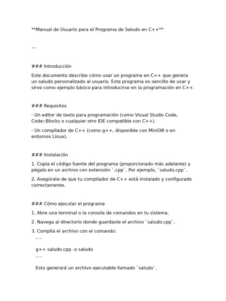 Manual de Saludo en C++: Guía Rápida | PDF | C ++ | Programa de computadora
