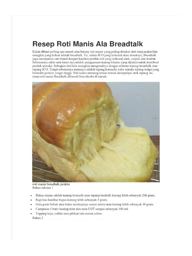 Resep Roti Manis Ala BreadTalk | PDF
