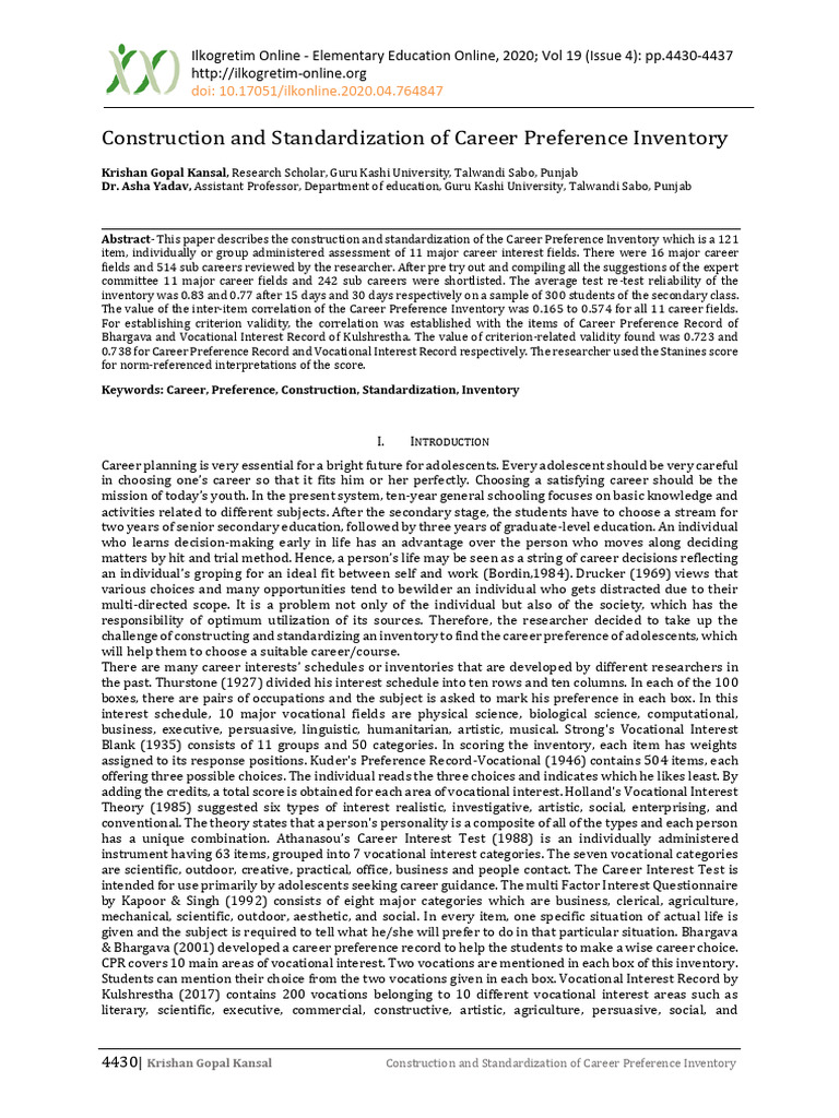 Career Preference Inventory Standardization | PDF | Validity ...
