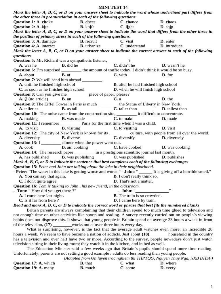 Mini Test 14: Pronunciation and Grammar | PDF