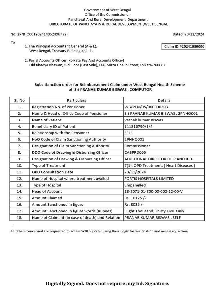 West Bengal Health Scheme Reimbursement | PDF