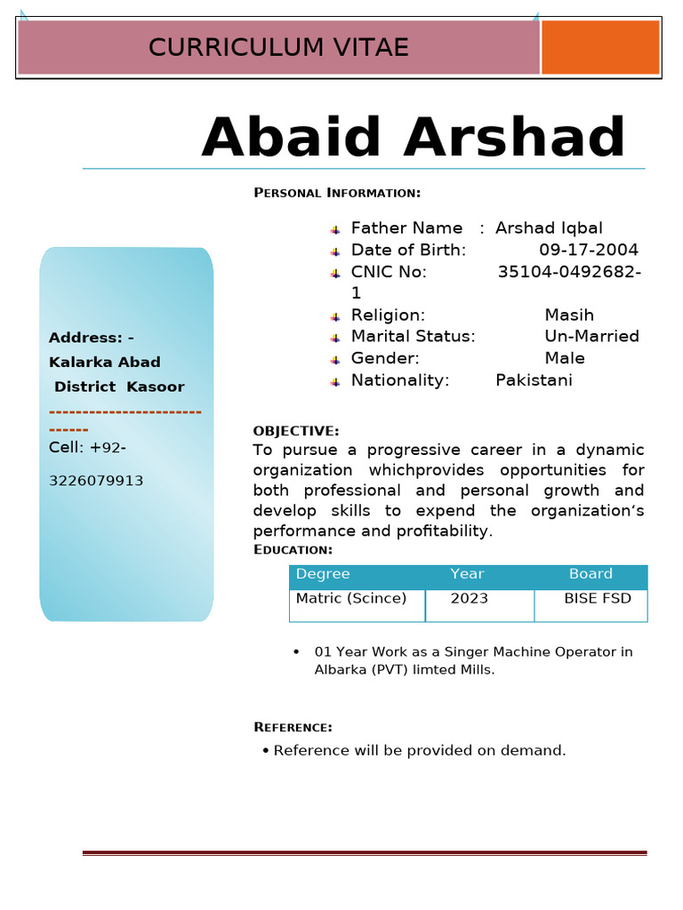 Abaid Arshad CV - Pakistani Candidate | PDF