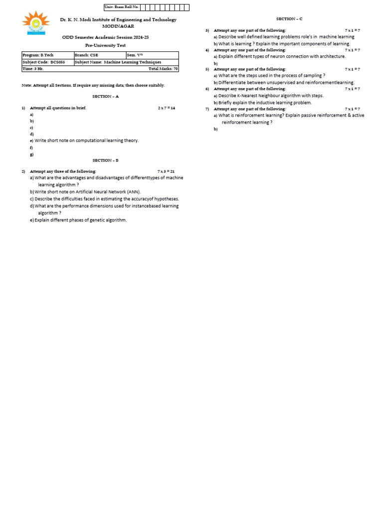 Machine Learning Exam: B.Tech CSE Sem V | PDF | Machine Learning ...