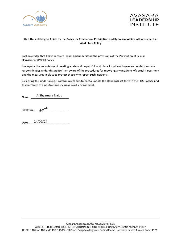 POSH Policy Acknowledgment Form | PDF