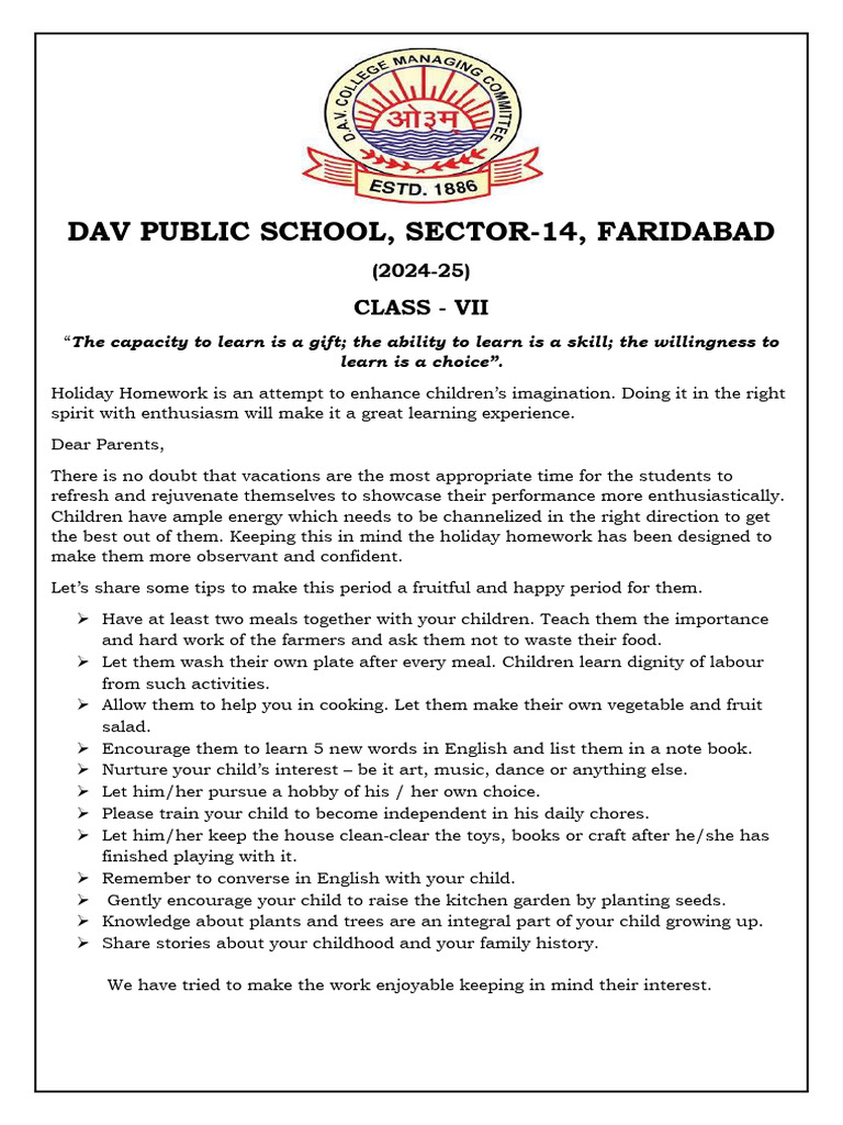 Class Vii Holiday Homework | PDF