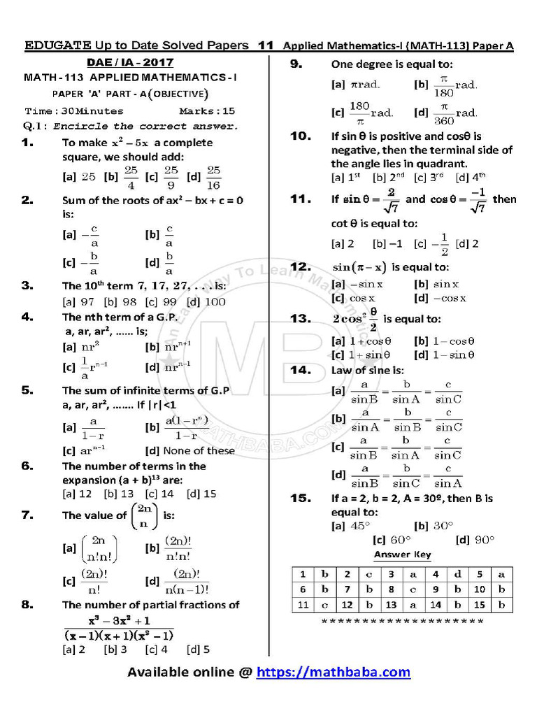 Ia 2017 Solved Paper A Math 113 1 | PDF