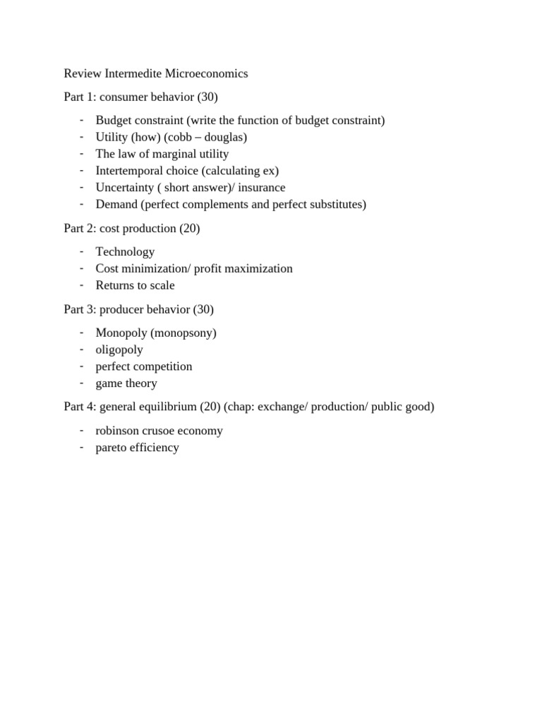 Intermediate Microeconomics Review Guide | PDF | Utility | Economics