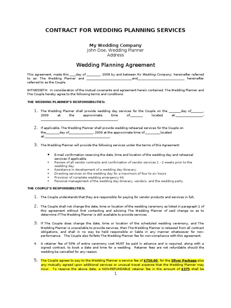 2009-04!04!015939 Wedding Planner Contract | PDF | Fee | Wedding