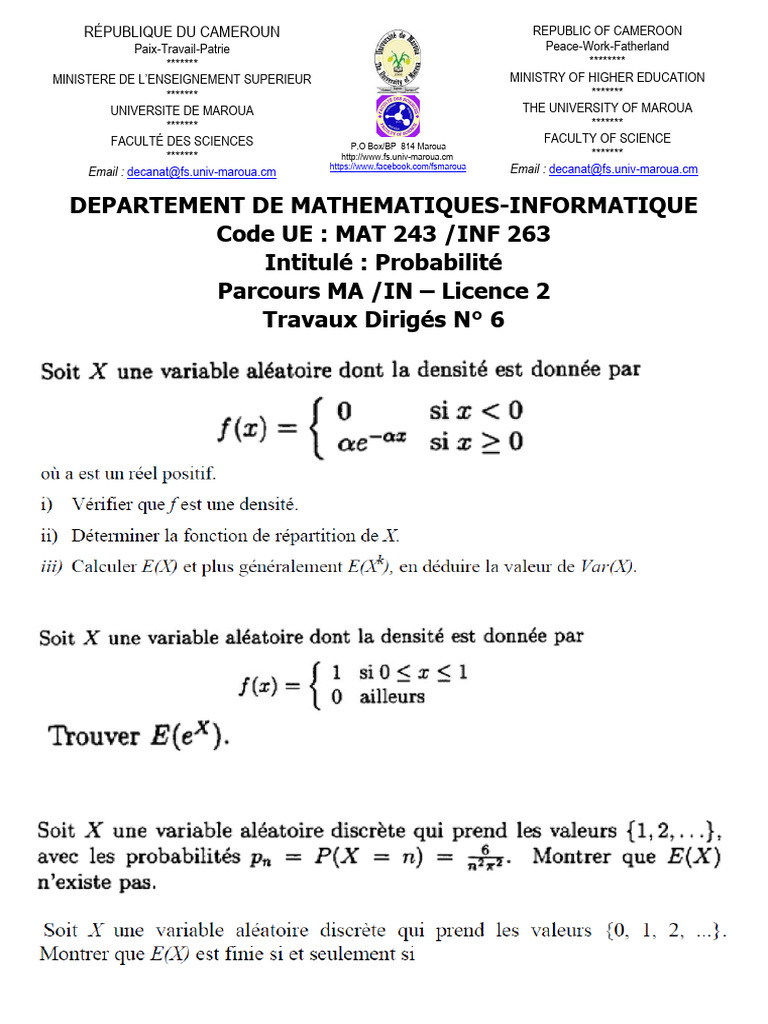 Departement de Mathematiques-Informatique Code UE: MAT 243 /INF 263 ...