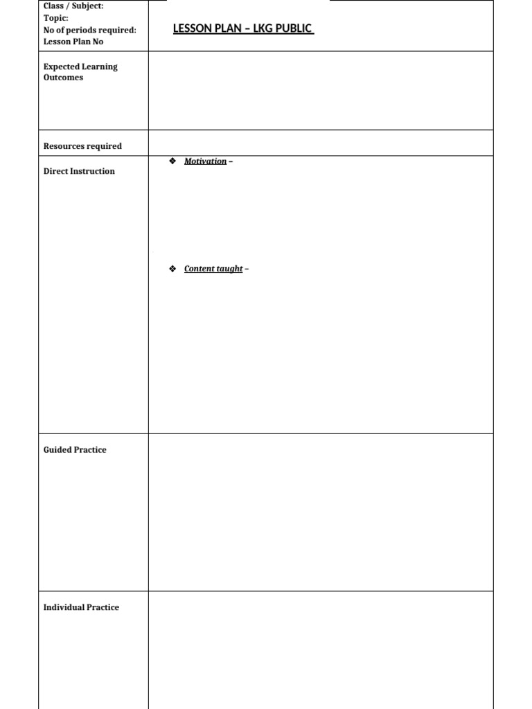 LKG Lesson Plan Template Guide | PDF