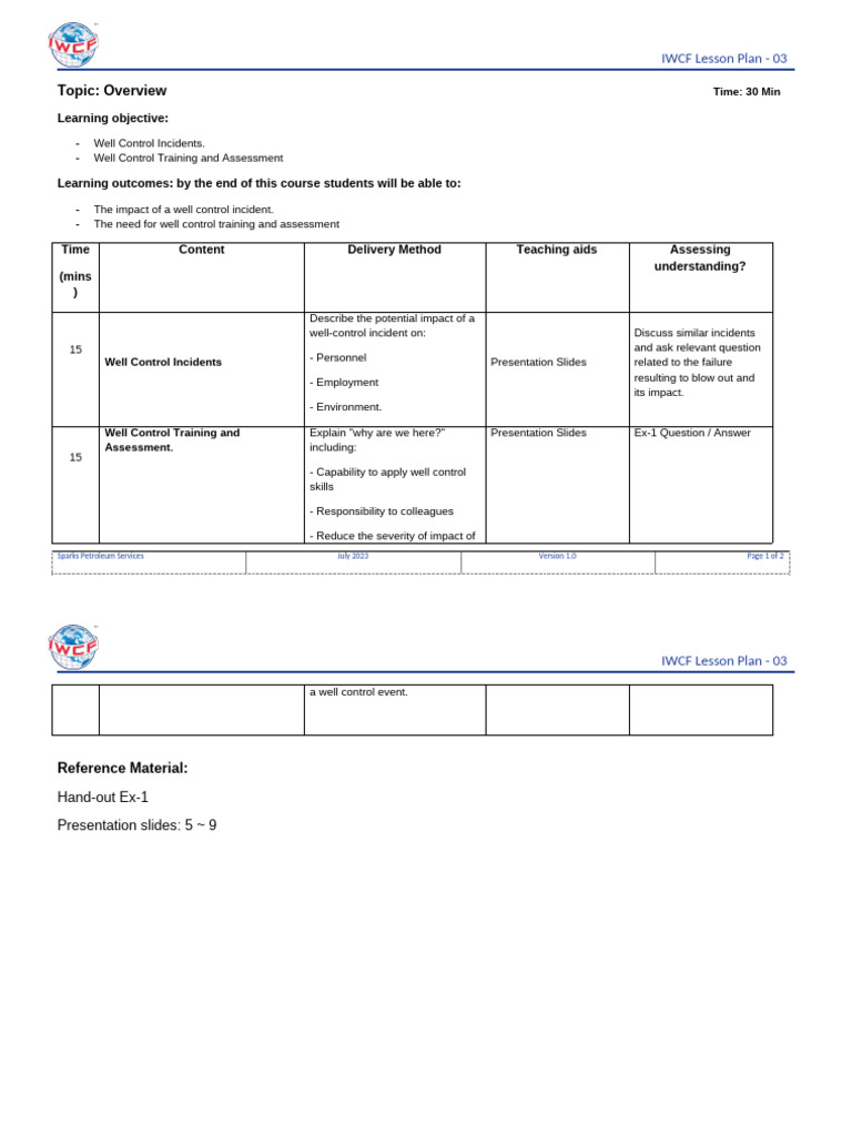 IWCF Well Control Training Overview | PDF | Lesson Plan | Learning