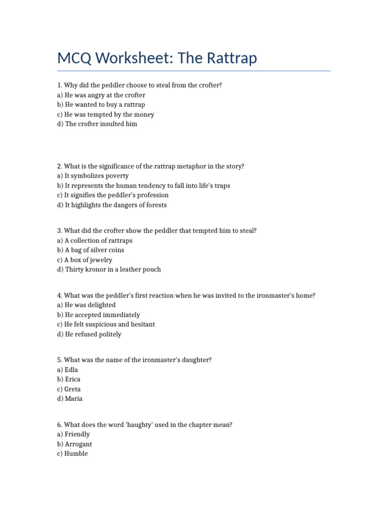 MCQs on The Rattrap for Class 12 | PDF
