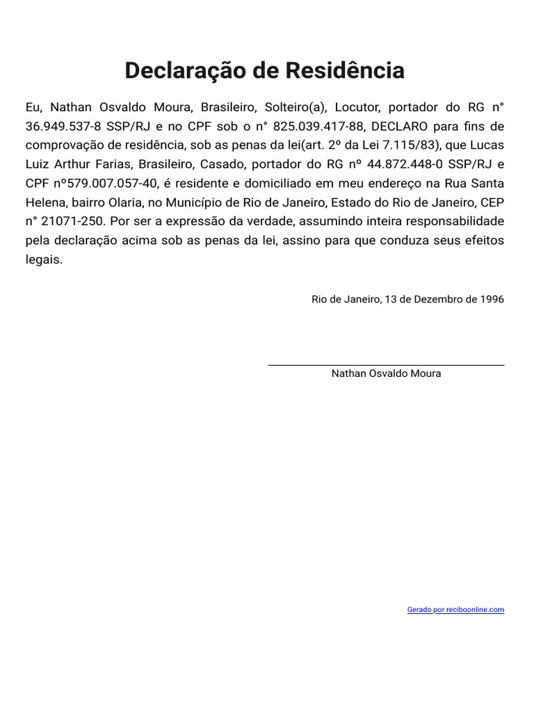 Declaração de Residencia – ReciboOnline.com | PDF
