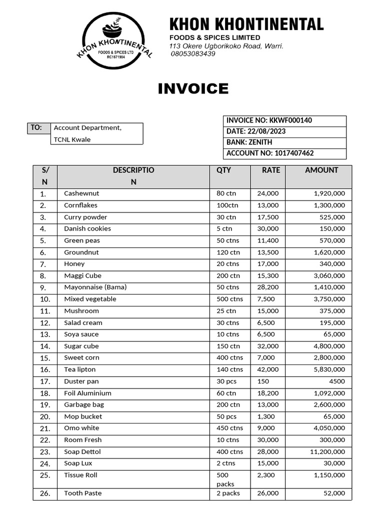 Khon Provision Invoice 140 (22nd Aug 2023) | PDF | Food Ingredients ...
