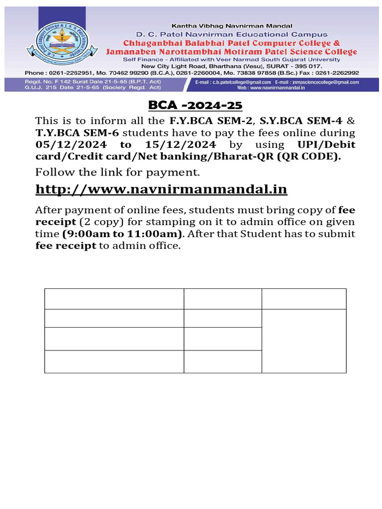 BCA Semester Fee Payment Instructions | PDF