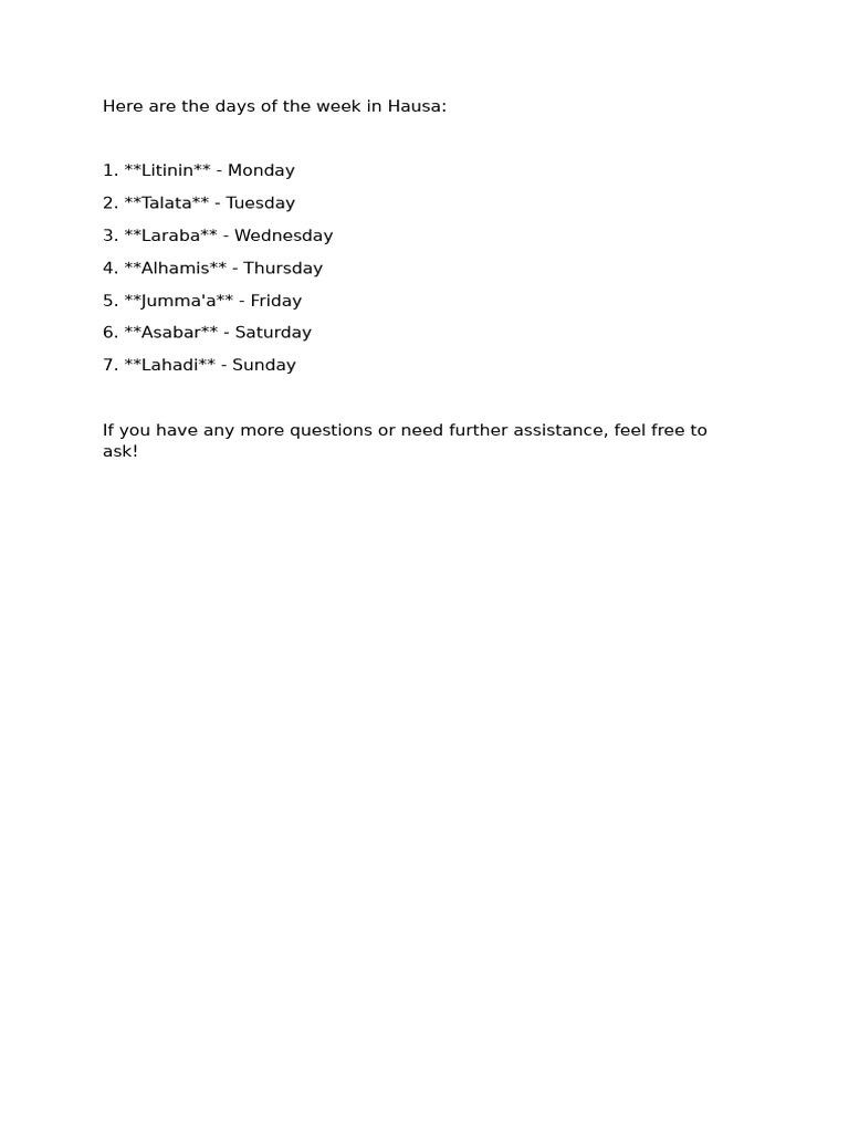 Days of the week in hausa pdf