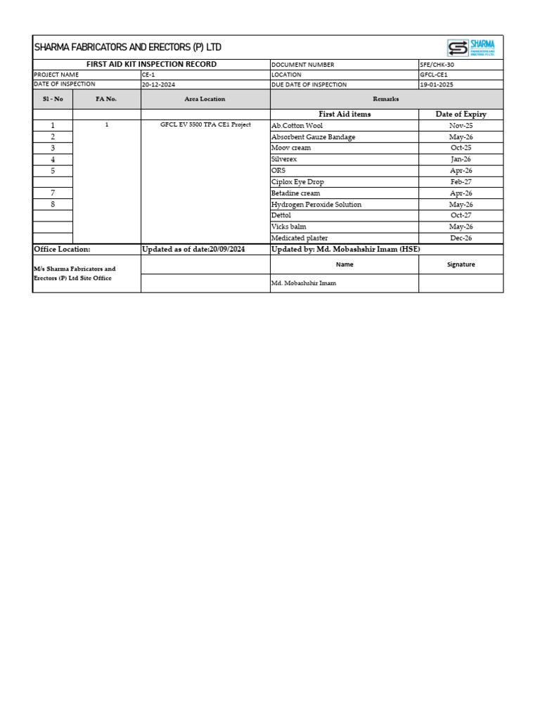 First Aid Kit Monthly Inspection Record | PDF