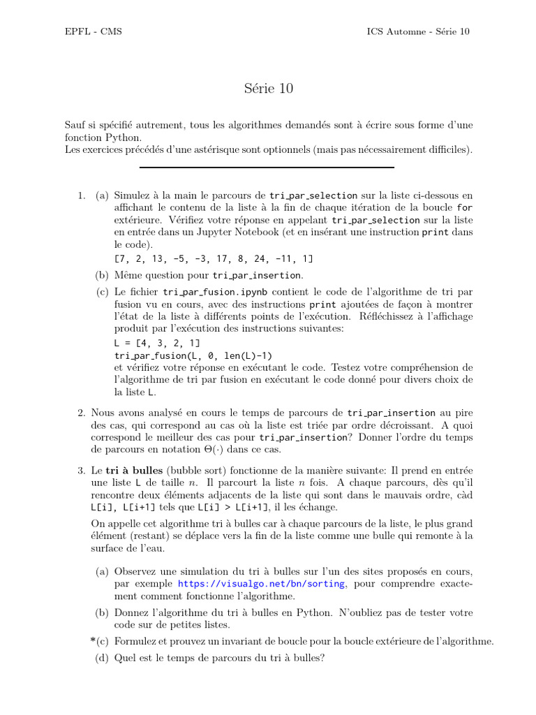 Algorithmes de tri en Python : exercices EPFL | PDF | Structure de ...