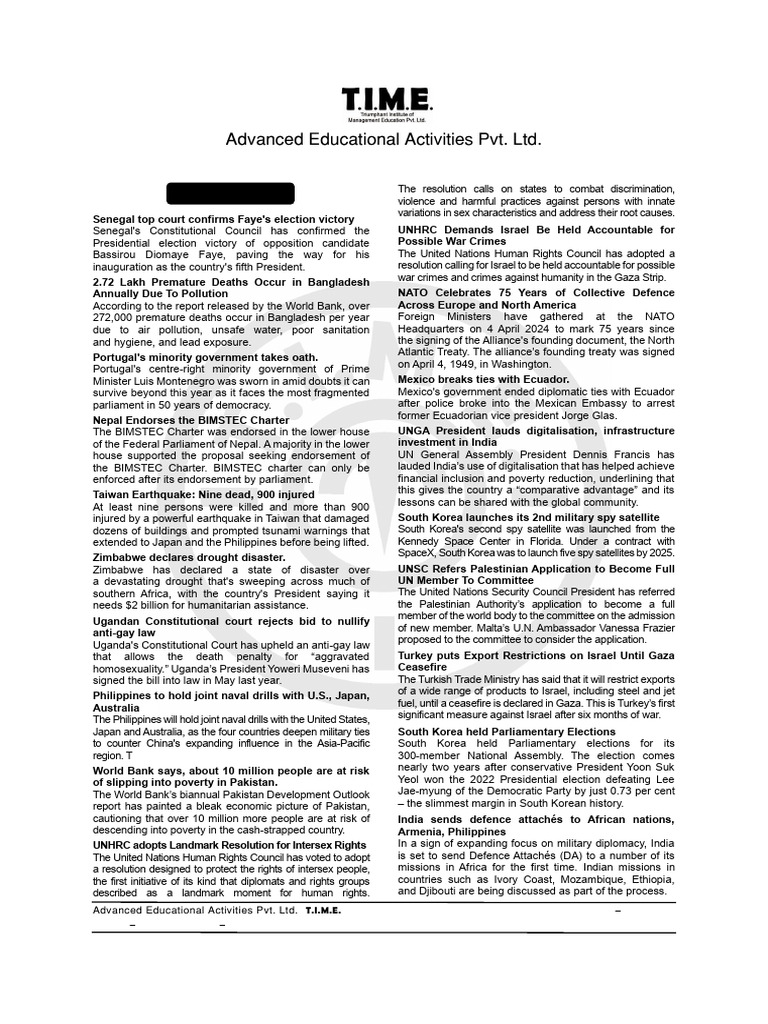 April 2024 Current Affairs Capsule | PDF | Cost Of Living | Reserve ...