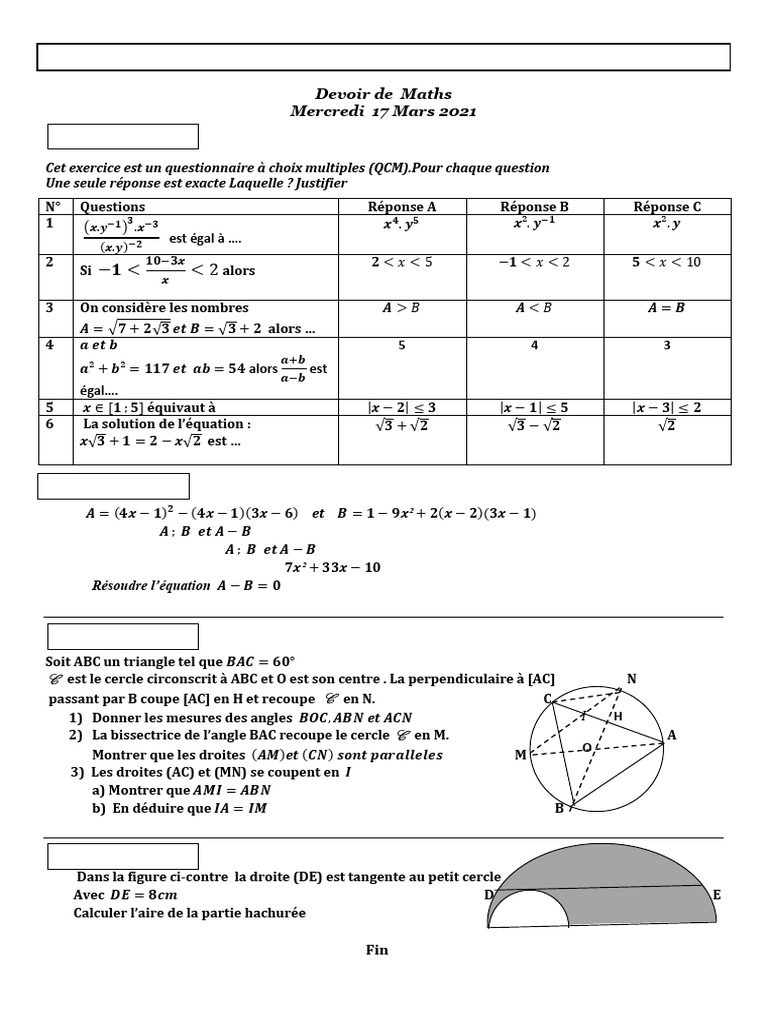 Devoir de Maths 4AS - QCM 2021 | PDF | Tests standardisés | Méthode ...