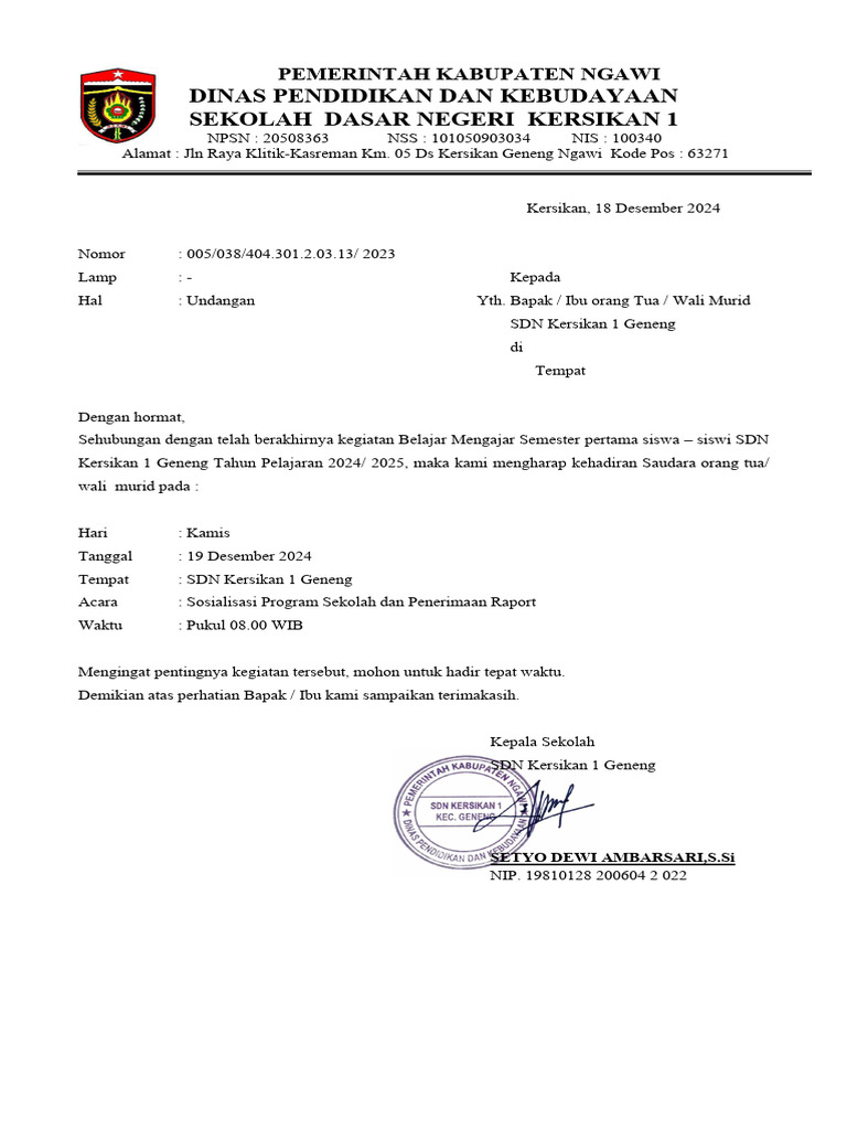 Undangan Sosialisasi Program SDN Kersikan 1 | PDF