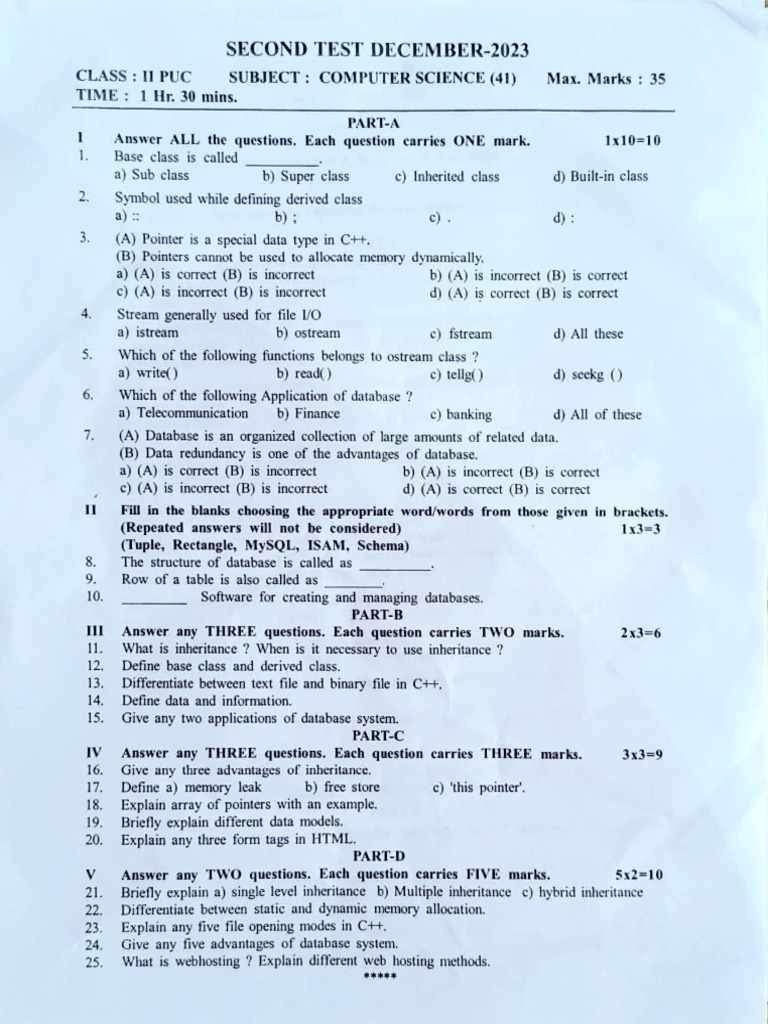 Computer Science Test Dec 2023 | PDF | Databases | Pointer (Computer ...