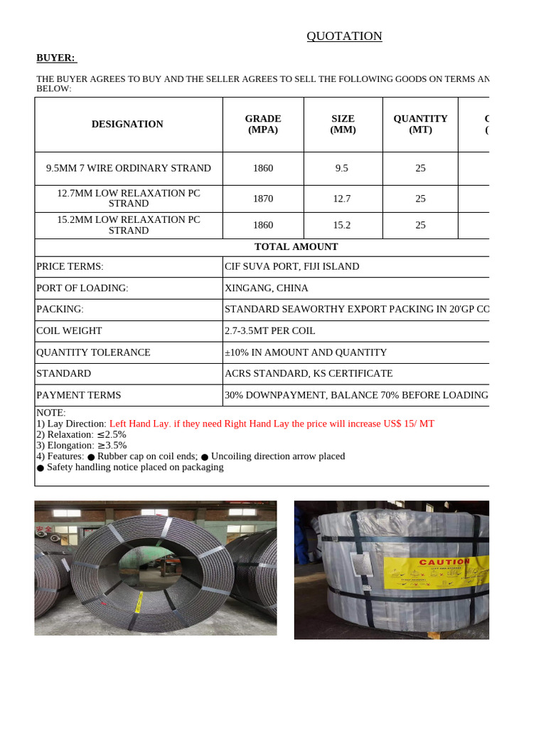 CIF Quotation for PC Strand Supply | PDF
