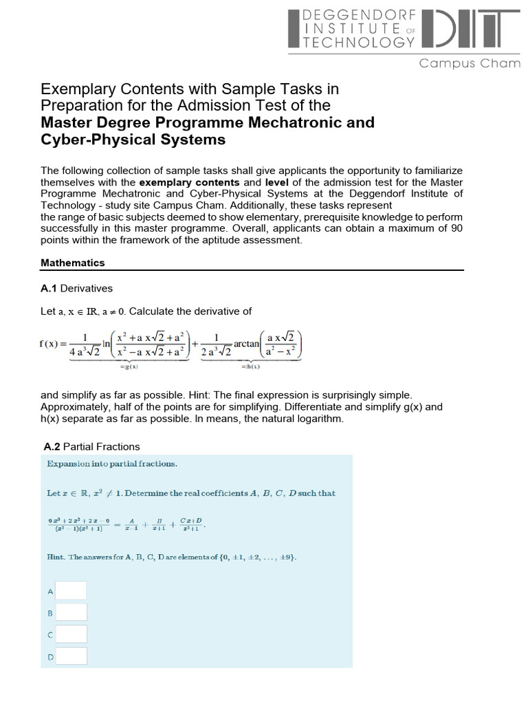 Admission Test For Master Degree Programme Mechatronic and Cyber ...