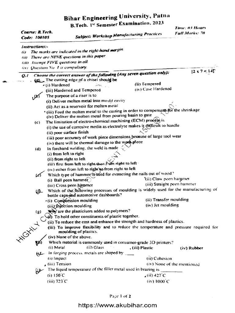 Btech 1 Sem Workshop Manufacturing Practices 100105 2023 | PDF