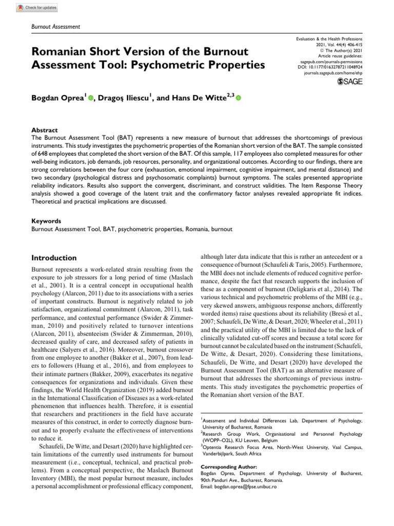 Romanian Burnout Assessment Tool Study | PDF | Occupational Burnout ...