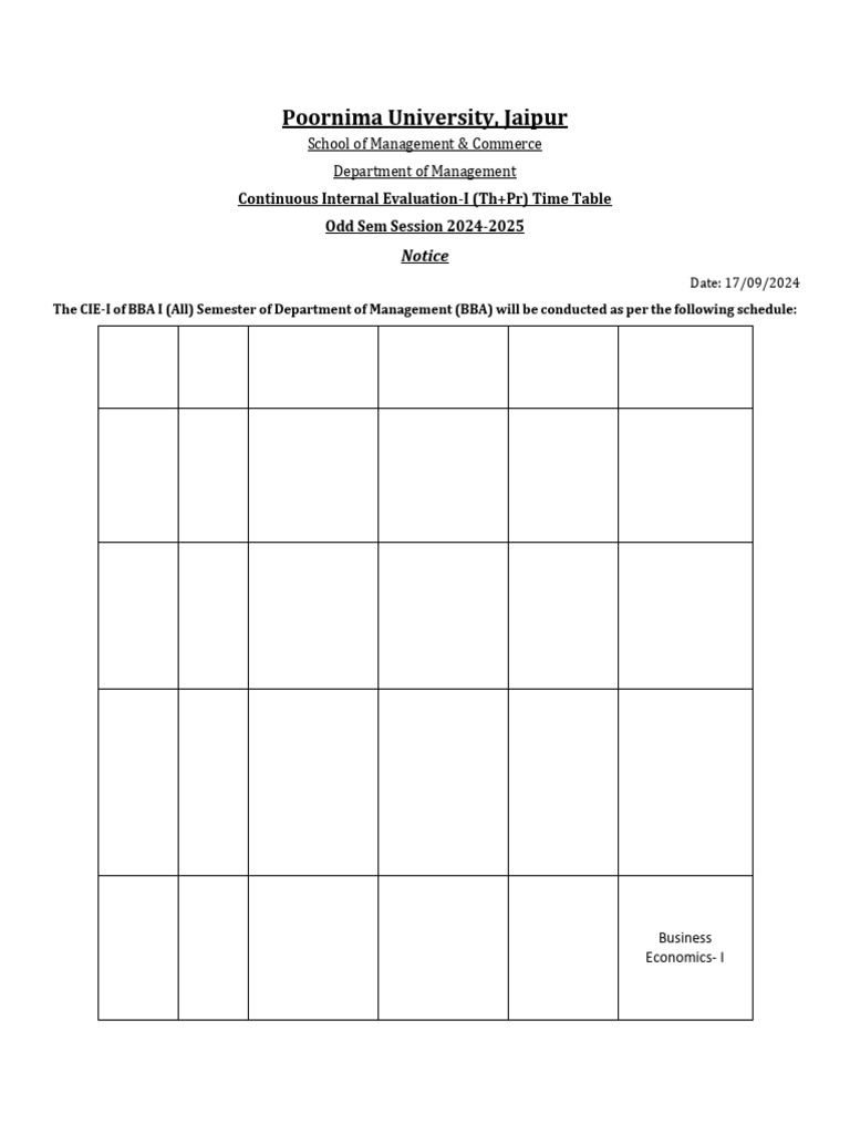 CIE I Time Table of BBA Ist Sem Odd Semester 2024-25 | PDF