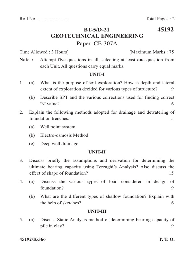 Geotechnical Engineering Exam Paper Ce 307a Pdf Deep Foundation