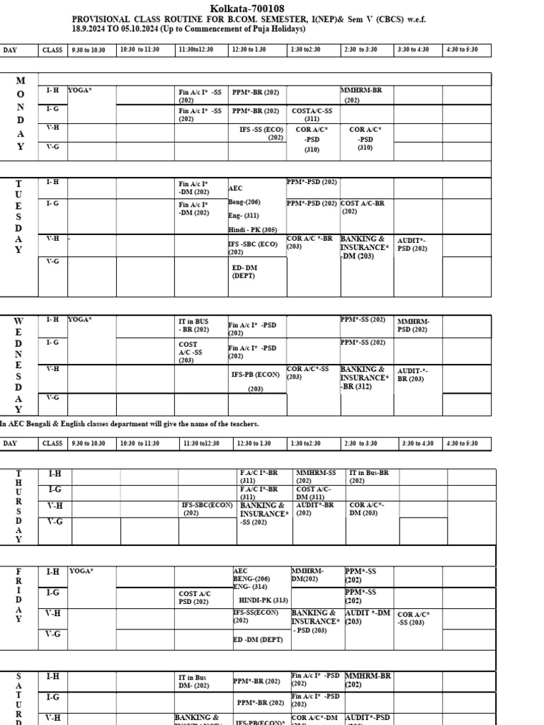 B.Com Semester I & V Class Schedule 2024 | PDF