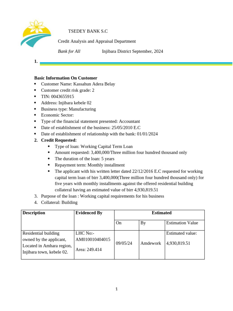 Tsedey Bank Credit Analysis for Kassahun | PDF | Debt | Credit