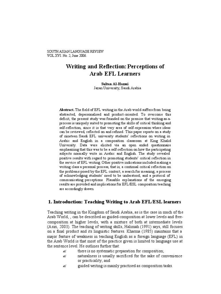 Arab EFL Learners' Writing Reflections | PDF | English As A Second Or ...