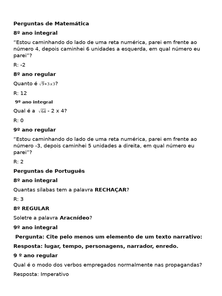 Perguntas de Matemática e Português 8º e 9º anos | PDF