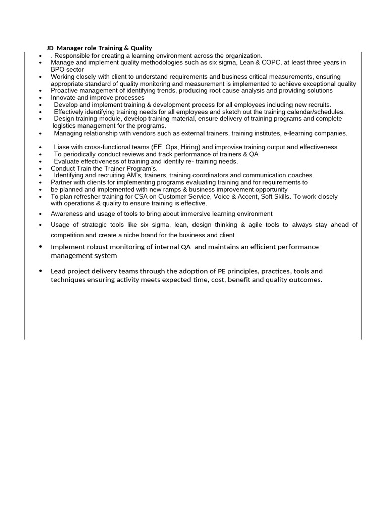 Training & Quality Manager JD | PDF | Six Sigma | Cognition