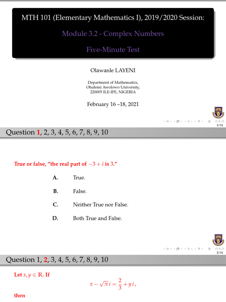 Complex Numbers Test for MTH 101 | PDF | Mathematics | Complex Analysis