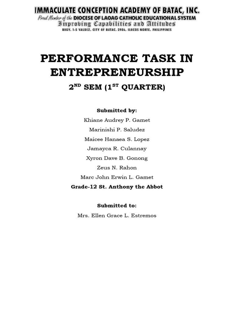 PERFORMANCE TASK IN ENTREPRENEURSHIP Group 1 - 093257 | PDF ...