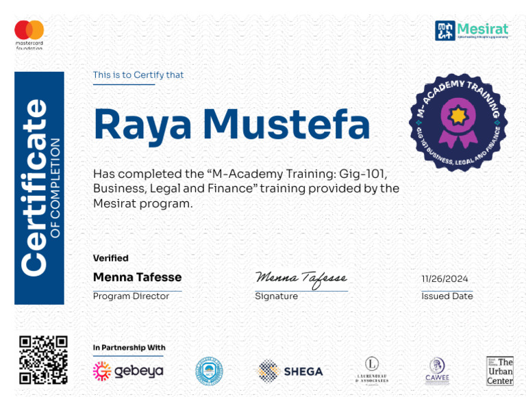 Completion Certificate for Raya Mustefa | PDF