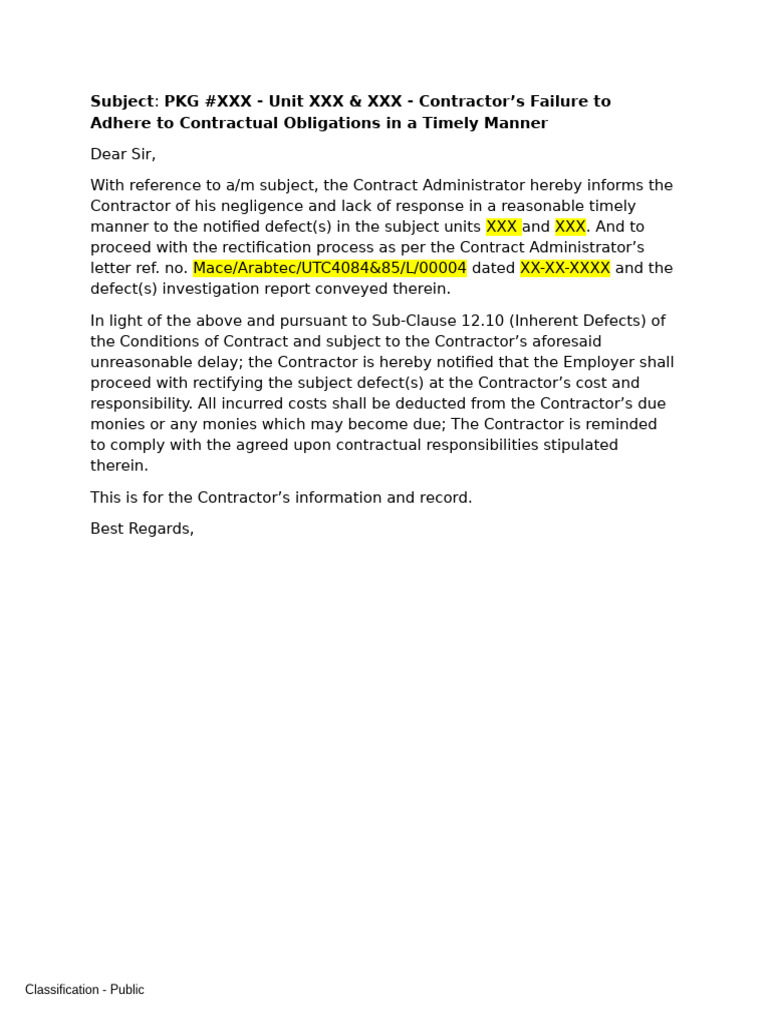 FM - Contractor's Failure To Adhere To Contractual Obligations in A ...