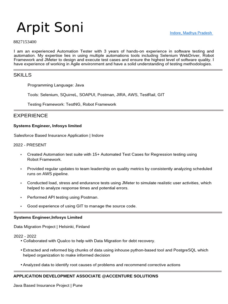 Automation Tester Resume - Arpit Soni | PDF | Software Testing | It ...