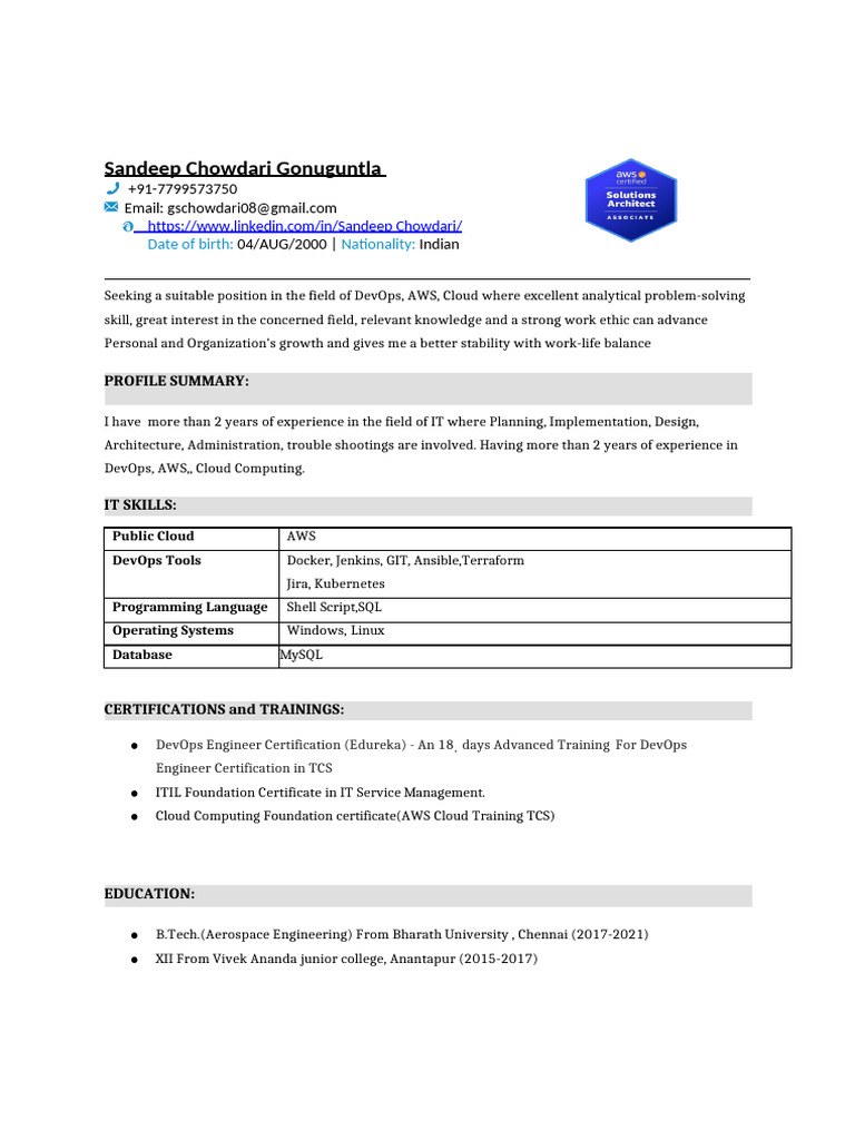 DevOps Engineer Profile Summary | PDF | Cloud Computing | Amazon Web ...