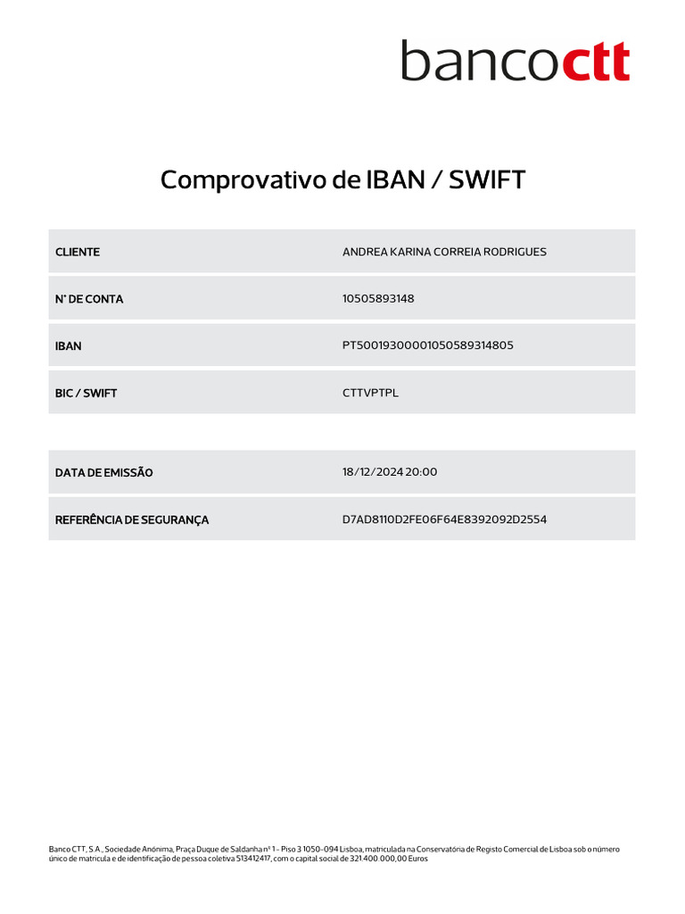 Comprovativo de IBAN e SWIFT - Banco CTT | PDF