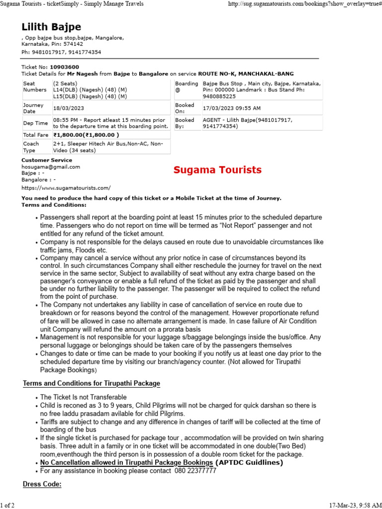 Sugama Tourists - Ticketsimply - Simply Manage Travels | PDF | Baggage |  Transport