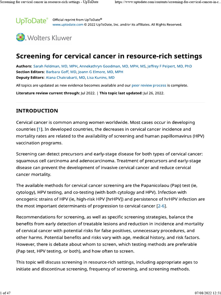 Screening For Cervical Cancer in Resource-Rich Settings Uptodate 2022 ...